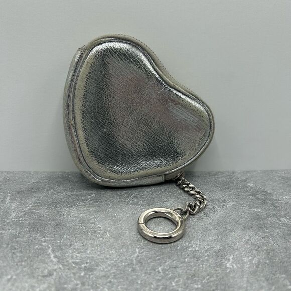 Saint Laurent YSL Metallic Silver Leather Heart Coin Purse with Key Chain - Picture 3 of 15